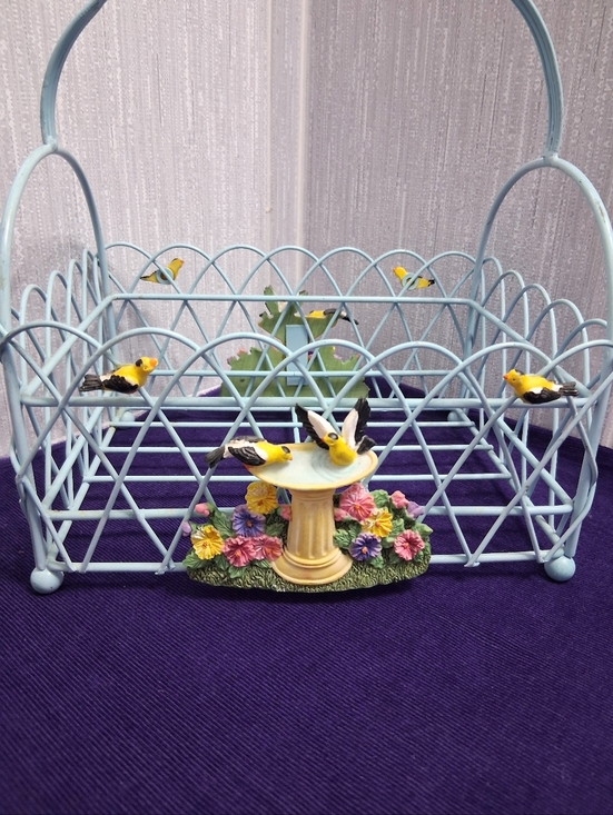 Source Unknown Other - Vintage Whimsical Birdbath Basket With Bird Decorations Light Blue Metal